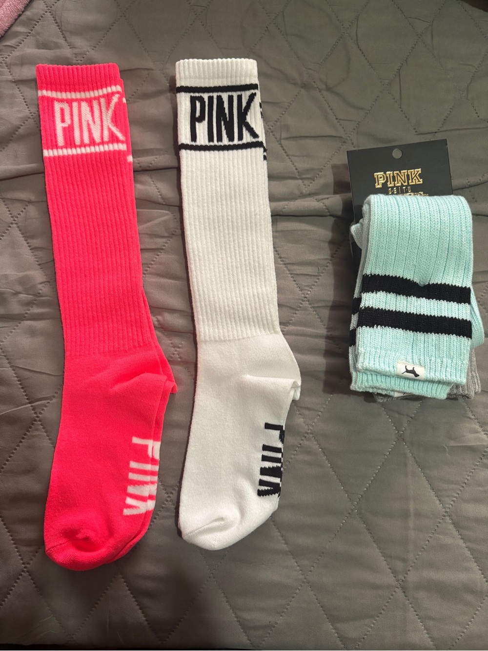 PINK Victoria's Secret Crew Socks - Hot Pink, White & Mint